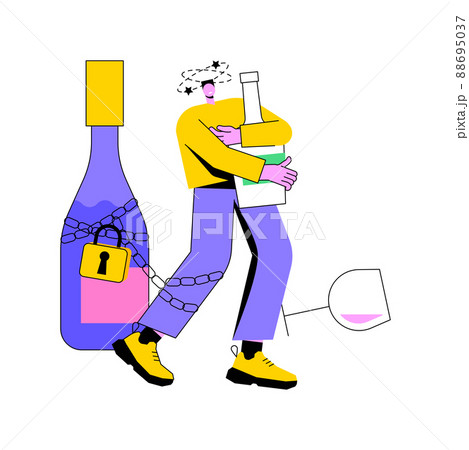 Alcoholism abstract concept vector illustration. Alcohol use disorder, drinking problem control, addiction, sitting at bar, empty vodka bottles, drunk man, liquor store abstract metaphor. 88695037
