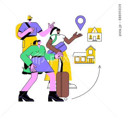 Resettlement of persons abstract concept vector illustration. Resettlement, refugee camp, displaced persons, movement of people, big crowd, bag and suitcases, new home abstract metaphor. 88695039