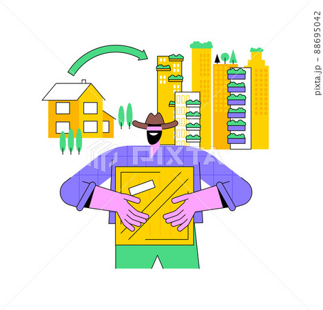 Migration from the countryside to the town abstract concept vector illustration. Migration from countryside, urban areas, country people, moving to cities, travel by car train abstract metaphor. 88695042