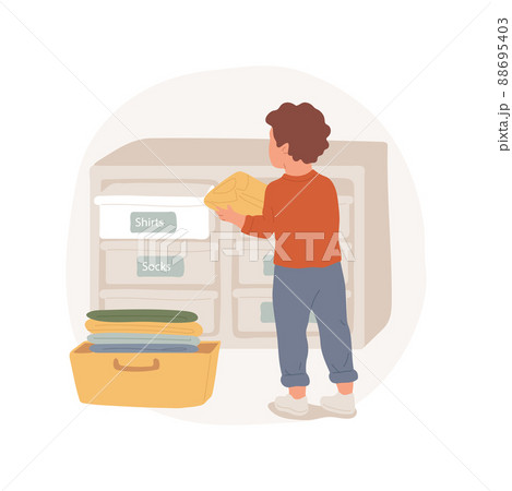 Sorting clothes isolated cartoon vector illustration. Child learning to sort clothes, stickers on the shelf, kid puts clean shirts in correct drawer, helping with housework vector cartoon. Sorting clothes isolated cartoon vector illustration. Child learning to sort clothes, stickers on the shelf, kid puts clean shirts in correct drawer, helping with housework vector cartoon. 88695403
