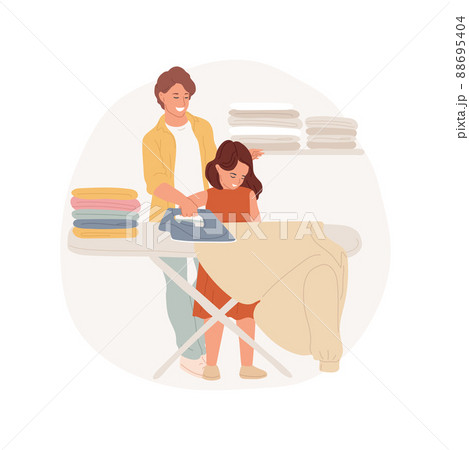 Ironing clothes isolated cartoon vector illustration. Family daily routine, mother teaches child to use iron, kid engaged in housework, ironing shirts together, pile of clothes vector cartoon. Ironing clothes isolated cartoon vector illustration. Family daily routine, mother teaches child to use iron, kid engaged in housework, ironing shirts together, pile of clothes vector cartoon. 88695404