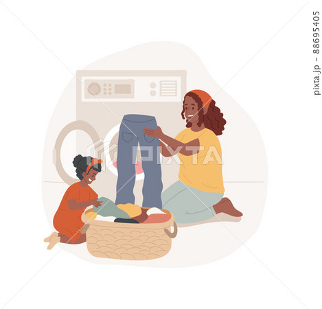Help with laundry isolated cartoon vector illustration. Kids helping mom with laundry, mother and child loading washing machine together, family daily routine, house work vector cartoon. 88695405