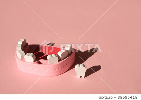 A model of a fake jaw with a lost front baby tooth on a pink background. Dental implantation. Tooth loss due to illness. Dental and oral care. Artificial jaw for demonstration to patients A model of a fake jaw with a lost front baby tooth on a pink background. Dental implantation. Tooth loss due to illness. Dental and oral care. Artificial jaw for demonstration to patients 88695418