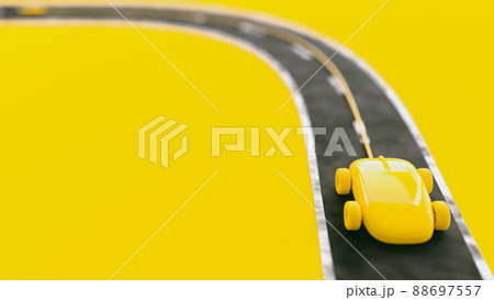 Yellow mouse with wheel running on the paved road. Selective focus on the mouse. 88697557