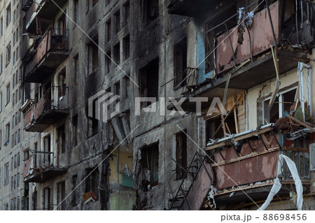 2022 Russian invasion Ukraine war Bucha destroyed building destruction city aftermath shell civilian hitting building damage Ukraine destruction facade. Attack Russia Ukraine ruins building insurance 2022 Russian invasion Ukraine war Bucha destroyed building destruction city aftermath shell civilian hitting building damage Ukraine destruction facade. Attack Russia Ukraine ruins building insurance 88698456