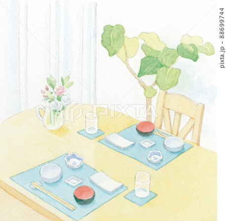 水彩画：ダイニングテーブルと和食セット 88699744