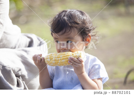 とうもろこしを食べる農家の女の子 88702101