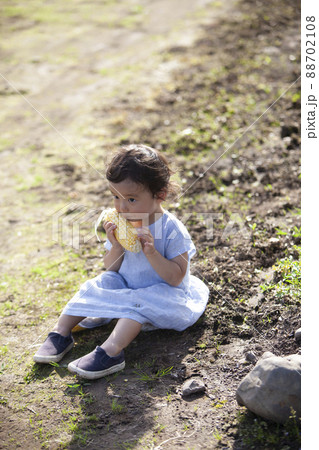 とうもろこしを食べる農家の女の子 88702108