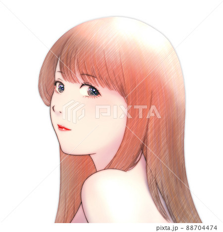 肩ごしに振り向いた髪の長い女性のカラーイラスト 茶髪のイラスト素材