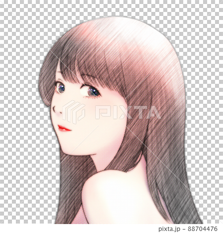 Color illustration of a woman with long hair turning over her shoulder, halftone processed version Color illustration of a woman with long hair turning over her shoulder, halftone processed version 88704476