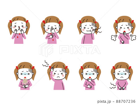 子どもの病気　いろんな症状の女の子　鼻血、嘔吐など 88707236