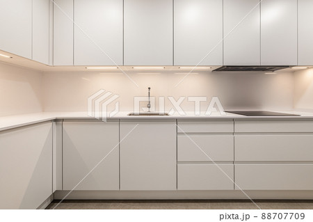White empty classic kitchen in front view in new or refurbished apartment 88707709