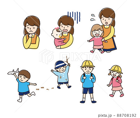 子育てに奮闘するお母さんと子供たち 子育てに奮闘するお母さんと子供たち 88708192