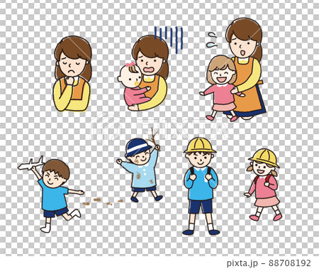 子育てに奮闘するお母さんと子供たち 子育てに奮闘するお母さんと子供たち 88708192