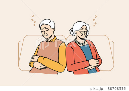Exhausted senior grandparents relax in chairs sleeping Exhausted senior grandparents relax in chairs sleeping 88708556