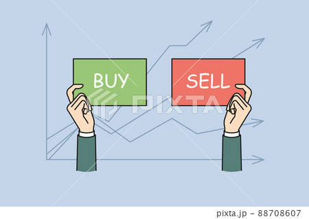 Businessman hold buy and sell signs  88708607