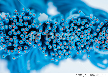 Close-up bundle of blue electrical cables electrical installation component Close-up bundle of blue electrical cables electrical installation component 88708868
