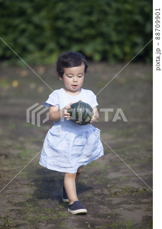 カボチャを持って歩く農家の幼児 88709901