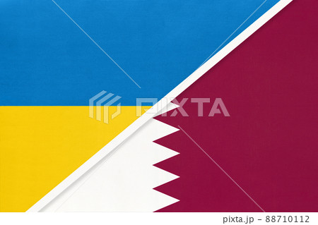 Ukraine and Qatar, symbol of country. Ukrainian vs Qatari national flags. 88710112