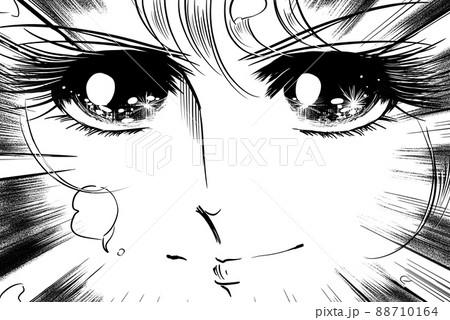 昭和女性の顔デザイン 70年代少女漫画キラキラした瞳で見つめ決め顔する主人公のドアップ