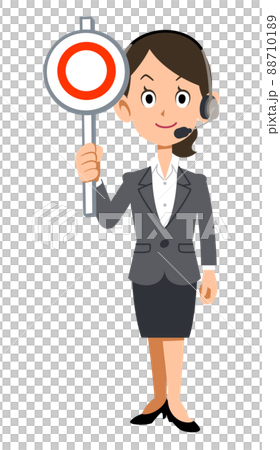 一個戴著耳機和西裝的女人顯示正確的答案標籤 一個戴著耳機和西裝的女人顯示正確的答案標籤 88710189