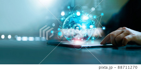 Businessman using tablet online banking and payment, Digital marketing. Finance and banking networking. Online shopping and icon customer network connection, cyber security. Business technology. 88711270