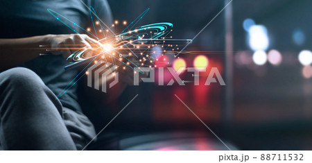 Woman using tablet, Business and social global network connection, technology digital banking and online payment on colorful night background. 88711532