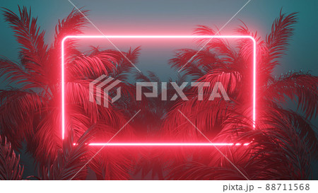 Retrowave Tropical Scene Palms and Glowing Frame 3d render 88711568
