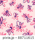 Bright spring nature background. Ditsy seamless pattern made of artistic meadow daisy flowers. Petals and buds. Felt tip pen. Outline flat sketch drawing. 88711615