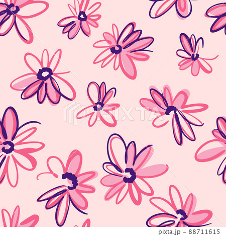 Bright spring nature background. Ditsy seamless pattern made of artistic meadow daisy flowers. Petals and buds. Felt tip pen. Outline flat sketch drawing. 88711615