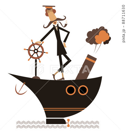 Cartoon mustache captain of the ship. Brave captain with a pipe standing on the ship isolated on white background Cartoon mustache captain of the ship. Brave captain with a pipe standing on the ship isolated on white background 88711630