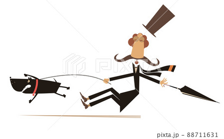 Funny long mustache and disobedient dog illustration. Cartoon long mustache man in the top tries to stop an angry dog isolated on white background Funny long mustache and disobedient dog illustration. Cartoon long mustache man in the top tries to stop an angry dog isolated on white background 88711631