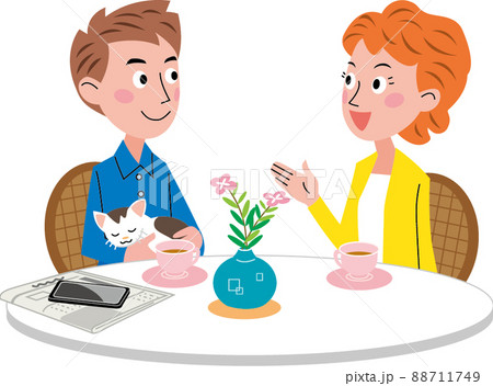 猫を抱えた若い夫と妻がテーブルで話しています。テーブルにはコーヒー花、新聞スマホがあります 猫を抱えた若い夫と妻がテーブルで話しています。テーブルにはコーヒー花、新聞スマホがあります 88711749