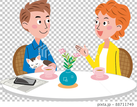 A young husband and wife holding a cat are talking at the table. There are coffee flowers and newspaper smartphones on the table. 88711749