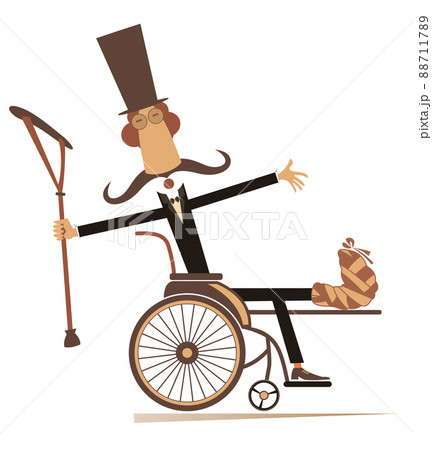 Cheerful long mustached gentleman in the top hat with bandages on the hand and leg holds crutch and sits in the wheelchair looks happy isolated on white background Cheerful long mustached gentleman in the top hat with bandages on the hand and leg holds crutch and sits in the wheelchair looks happy isolated on white background 88711789