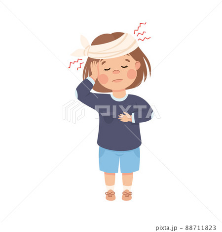Sick Little Girl with Bandaged Head Feeling Unwell Suffering from Headache Vector Illustration Sick Little Girl with Bandaged Head Feeling Unwell Suffering from Headache Vector Illustration 88711823