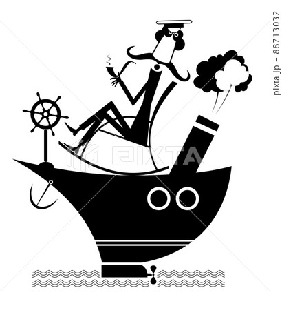 Cartoon captain of the ship with long mustache. The ship. Brave captain sitting in the rocking chair and smoking a pipe black on white background 88713032
