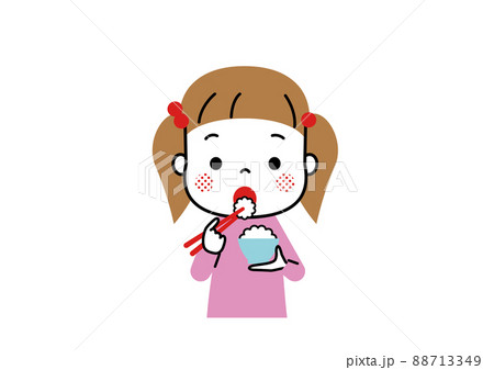 大きなお口を開けてお茶碗のごはんをお箸で口に運ぶ女の子 88713349