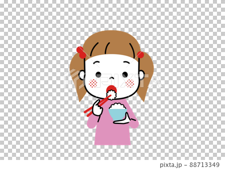 A girl who opens her big mouth and carries the rice in a bowl to her mouth with chopsticks 88713349