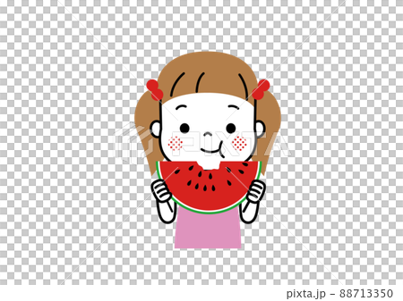 真っ赤なすいかにかぶりついて食べる女の子 88713350