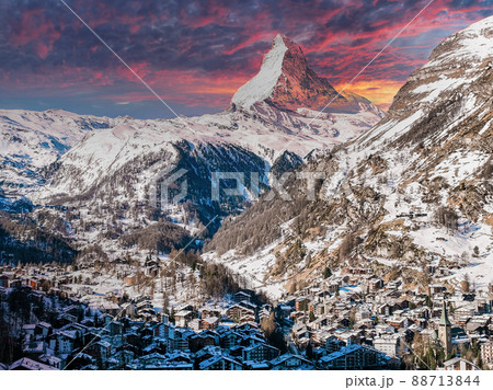 Aerial View on Zermatt Valley and Matterhorn Peak in the Morning, Switzerland during magical sunset. 88713844