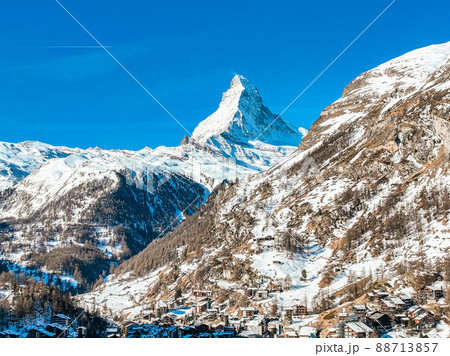 Aerial View on Zermatt Valley and Matterhorn Peak in the Morning, Switzerland 88713857