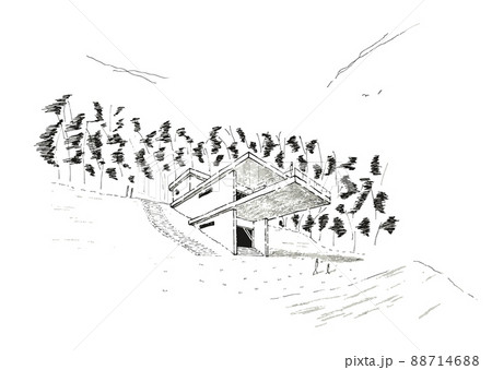 森林に囲まれた傾斜地に佇む飛び出すバルコニーの別荘イメージ 森林に囲まれた傾斜地に佇む飛び出すバルコニーの別荘イメージ 88714688