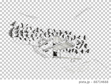 森林に囲まれた傾斜地に佇む飛び出すバルコニーの別荘イメージ 森林に囲まれた傾斜地に佇む飛び出すバルコニーの別荘イメージ 88714688