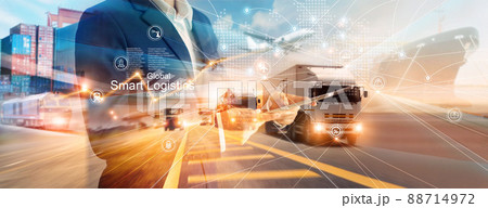 Smart logistics and transportation. Businessman use tablet and analyzing on logistic global network distribution on world map background. Technology. Business of transport and industrial. 88714972