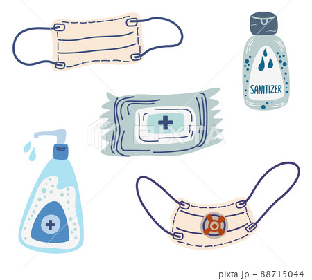 Disinfection items. Protection items sanitizer, wipes, mask, respirator, spray, soap. Personal protection from infection. Vector cartoon illustrations set. 88715044