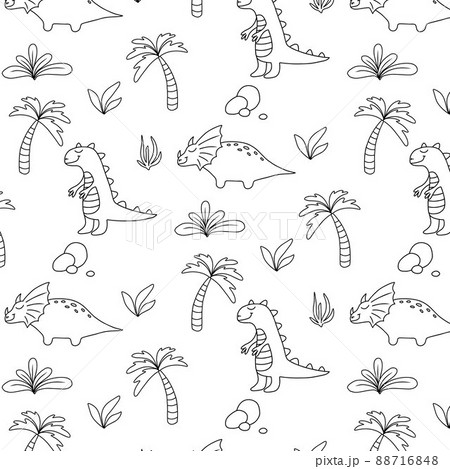 Childish seamless pattern with dinosaurs. Hand-drawn pattern with cute dino. Vector illustration. The pattern is suitable for fabrics, wrapping paper and prints. Doodle style. Childish seamless pattern with dinosaurs. Hand-drawn pattern with cute dino. Vector illustration. The pattern is suitable for fabrics, wrapping paper and prints. Doodle style. 88716848