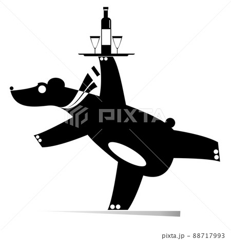 Cartoon bear carries a tray with a bottle and two glasses illustration. Cartoon bear carries a tray with alcohol drink and glasses black on white background	 88717993