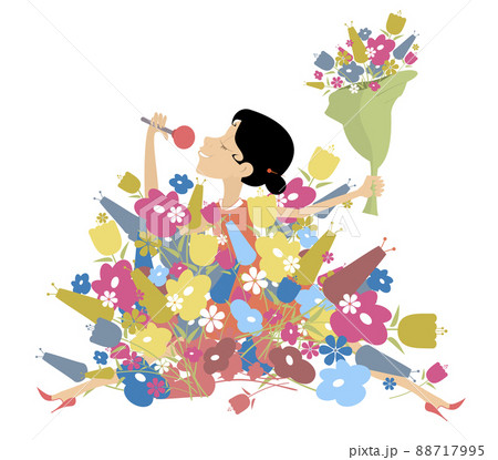 Romantic singer woman isolated illustration. Cartoon woman with microphone sits under the big pile flowers and sings isolated on white background 88717995