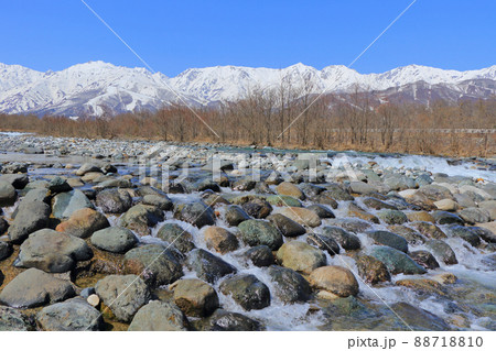 白馬村　雪どけの春　快晴の北アルプス 88718810